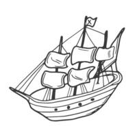 rabisco de madeira navio com velas. navegação vetor ilustração. desenho animado navio esboço