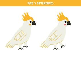 encontrar 3 diferenças entre dois fofa desenho animado cacatua pássaros. vetor