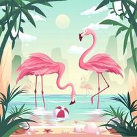 conceito de praia de horário de verão. flamingos pescando na praia