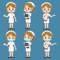 conjunto de mulher com uniforme de enfermeira em personagem de desenho animado vetor