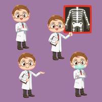 conjunto de médico com estetoscópio em personagem de desenho animado vetor