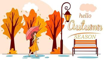 Olá, banner de outono. uma garota com um guarda-chuva caminha pelo parque de outono. vetor