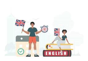 a conceito do Aprendendo inglês. homem e mulher Inglês professor. plano moderno estilo. ilustração dentro vetor. vetor