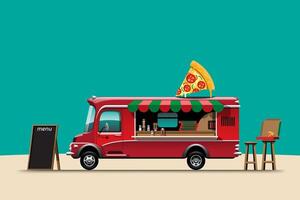 a vista lateral do food truck com ilustração vetorial de pizza vetor