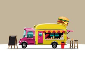 a vista lateral do food truck com ilustração vetorial de hambúrguer vetor