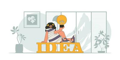 refinado menina detém uma luz lâmpada dentro dela mãos. ilustração em a tema do a aparência do a ideia. vetor