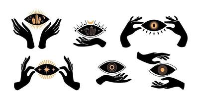 boho mãos negras silhuetas ícones esotéricos com símbolos espirituais lua crescente, estrela, olho, sol. conceito místico feminino negro. ilustração em vetor plana. design para estampas de camisetas, pôsteres, tatuagem