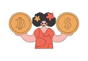 mulher segurando dólar e bitcoin moeda. personagem na moda retro estilo. vetor