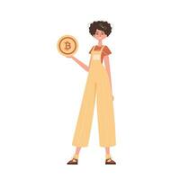 a menina detém uma bitcoin dentro dela mãos dentro a Formato do uma moeda. personagem dentro moderno na moda estilo. vetor