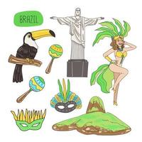Ícones da cultura e da natureza brasileira desenhando o vetor pintura dos desenhos animados