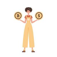 a menina é segurando uma bitcoin e uma dólar dentro a Formato do moedas. personagem dentro moderno na moda estilo. vetor