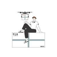 uma homem entrega uma pacote de drone. ar Entrega conceito. linear na moda estilo. isolado em branco fundo. vetor ilustração.