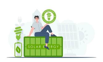 a conceito do ecologia e verde energia. uma homem senta em uma solar painel e detém a eco logotipo dentro dele mãos. vetor tendência ilustração.