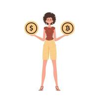 a menina detém uma moeda do bitcoin e dólar dentro dela mãos. personagem dentro na moda estilo. vetor