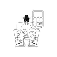 menina detém uma calculadora. linear estilo. vetor ilustração.