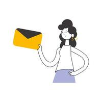 a menina é segurando a envelope ou uma carta dentro dela mãos. linear na moda estilo. isolado. vetor ilustração.