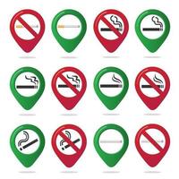 16 não fumar e fumar marcador de área ícone de pino de mapa sinal definido com design plano gradiente cigarro no círculo vermelho proibido. símbolo da área de fumantes nos aplicativos de mapa isolados no fundo branco.