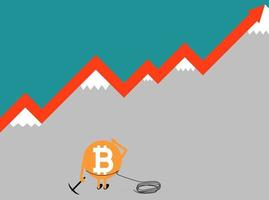 bitcoin cripto moeda crescente ilustração vetorial de conceito. bitcoin caracter com picareta e montanhas. aumentar o gráfico no ar. vetor