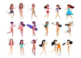pacote de personagem feminina 6 conjuntos, 18 poses de mulher em traje de banho com equipamento