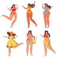 pacote de personagem feminina 1 conjuntos, 6 poses de mulher em traje de banho com equipamento vetor