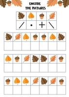 planilha educacional para crianças. codificar as imagens. jogo de lógica para crianças. conjunto de outono. vetor