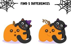 abóbora e gato fofos. jogo educativo para crianças. planilha de halloween. encontrar diferenças. vetor