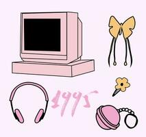 retro anos 90 e anos 80 feminino adesivo pacote com velho escola computador, fones de ouvido e feminino acessórios. vetor