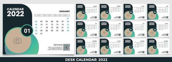 calendário 2022, definir design de modelo de calendário de mesa com lugar para foto e logotipo da empresa. a semana de segunda a domingo. conjunto de 12 meses vetor