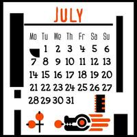 uma calendário página para Julho 2024 com uma fofa geométrico Dragão. isolado em uma branco fundo. a símbolo do a ano do a Dragão. a Dragão sabores a baga. vetor ilustração. Preto laranja