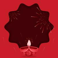 lindo diwali diya com fogos de artifício em vermelho fundo. vetor ilustração