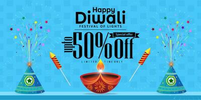 feliz diwali promoção venda bandeira Projeto modelo. diwali diya óleo luminária com flor Panela biscoitos em azul parede com fogos de artifício fundo em diwali festival. vetor