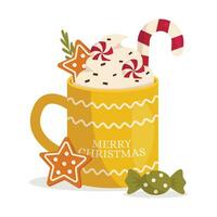 Natal caneca com quente bebida. açoitado creme, chocolate salgadinhos, Pão de gengibre biscoitos, doce, pirulito. inscrição alegre Natal. vetor gráfico.