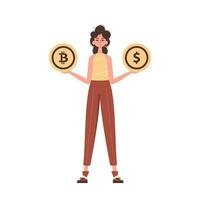 a menina é segurando uma bitcoin e uma dólar dentro a Formato do moedas. personagem dentro na moda estilo. vetor