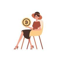 uma mulher senta dentro uma cadeira e detém uma bitcoin moeda dentro dela mãos. vetor