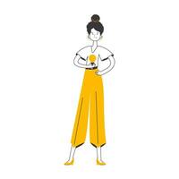 menina e luz lâmpada. idéia conceito. vetor ilustração. isolado em branco fundo. linear na moda estilo.