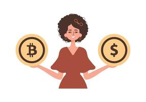 uma mulher detém dentro dela mãos uma bitcoin e uma dólar dentro a Formato do moedas. personagem com uma moderno estilo. vetor