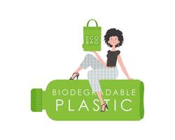 uma mulher senta em uma garrafa fez do biodegradável plástico e detém a eco saco dentro dela mãos. conceito do verde mundo e ecologia. isolado. tendência estilo.vetor ilustração. vetor