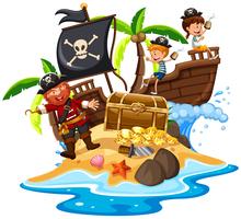 Pirata e crianças felizes na ilha vetor