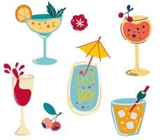 conjunto de coquetéis. mão desenhada bebidas alcoólicas, coquetéis refrescantes com cubos de gelo, frutas e azeitonas. férias de verão e festa na praia. criado para designs de menu. ilustração vetorial plana dos desenhos animados vetor