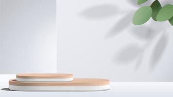 cena mínima abstrata com formas geométricas. pódio de madeira em fundo branco. apresentação do produto, mock up, display de produto cosmético, pódio, pedestal de palco ou plataforma. Vetor 3d