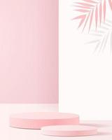 cena mínima com formas geométricas. pódios do cilindro em fundo rosa suave com folhas de papel na coluna. cena para mostrar o produto cosmético, vitrine, vitrine, vitrine. Ilustração em vetor 3D.
