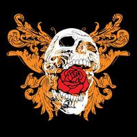 camiseta Projeto do uma crânio com uma rosa e uma borboleta isolado em Preto vetor