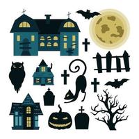 conjunto de halloween de elementos isolados no fundo branco. ilustração em vetor de casas misteriosas, lua, silhuetas de uma coruja, árvore, abóbora, monumentos de sepultura de gato preto