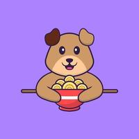 cachorro bonito comendo macarrão ramen. conceito de desenho animado animal isolado. pode ser usado para t-shirt, cartão de felicitações, cartão de convite ou mascote. estilo cartoon plana vetor