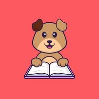 cachorro bonito lendo um livro. conceito de desenho animado animal isolado. pode ser usado para t-shirt, cartão de felicitações, cartão de convite ou mascote. estilo cartoon plana vetor