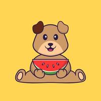 cachorro bonito comendo melancia. conceito de desenho animado animal isolado. pode ser usado para t-shirt, cartão de felicitações, cartão de convite ou mascote. estilo cartoon plana vetor