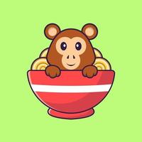 macaco bonito comendo macarrão ramen. conceito de desenho animado animal isolado. pode ser usado para t-shirt, cartão de felicitações, cartão de convite ou mascote. estilo cartoon plana vetor