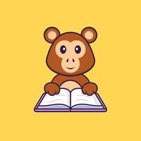 macaco bonito lendo um livro. conceito de desenho animado animal isolado. pode ser usado para t-shirt, cartão de felicitações, cartão de convite ou mascote. estilo cartoon plana vetor