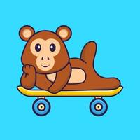 macaco fofo deitado sobre um skate. conceito de desenho animado animal isolado. pode ser usado para t-shirt, cartão de felicitações, cartão de convite ou mascote. estilo cartoon plana vetor