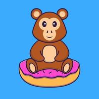 macaco bonito está sentado em donuts. conceito de desenho animado animal isolado. pode ser usado para t-shirt, cartão de felicitações, cartão de convite ou mascote. estilo cartoon plana vetor